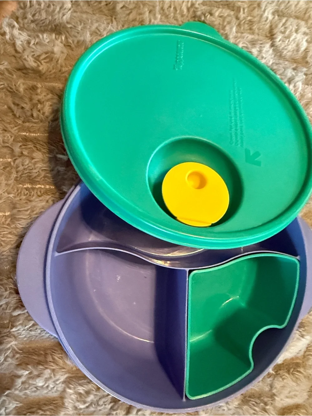 Vintage Tupperware Divided Snack Plate with Lid in Teal, Purple & Yellow